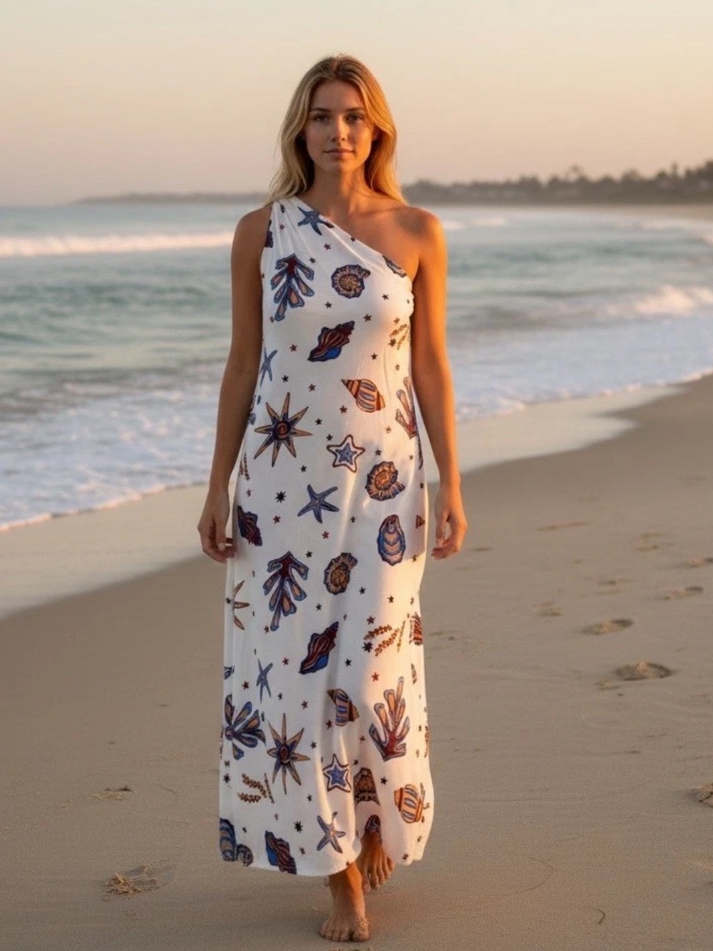 🍾NWT C&C California One-Shoulder White Maxi Dress w/Nautical Shell Print, Size L - Picture 1 of 8